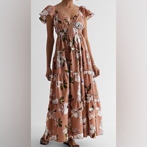 Express Flora V-neck flutter sleeve tiered Poplin Maxi Dress, Size L